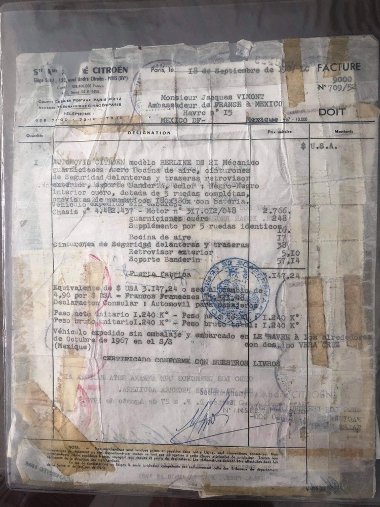 Facture de la DS21 vendue à l'ambassadeur de France à Mexico
